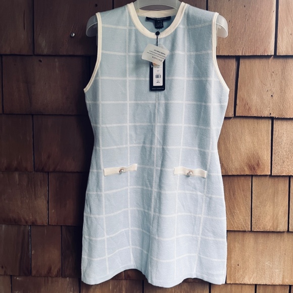 French Connection Sleeveless Round Neck White Check Blue Knit Mini Dress XL - Picture 2 of 11